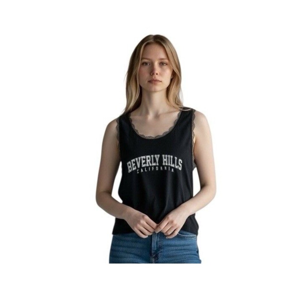 Hollister Beverly Hills Y2K Crop Tank Top Lace Trim Womens Large Black Gray Goth